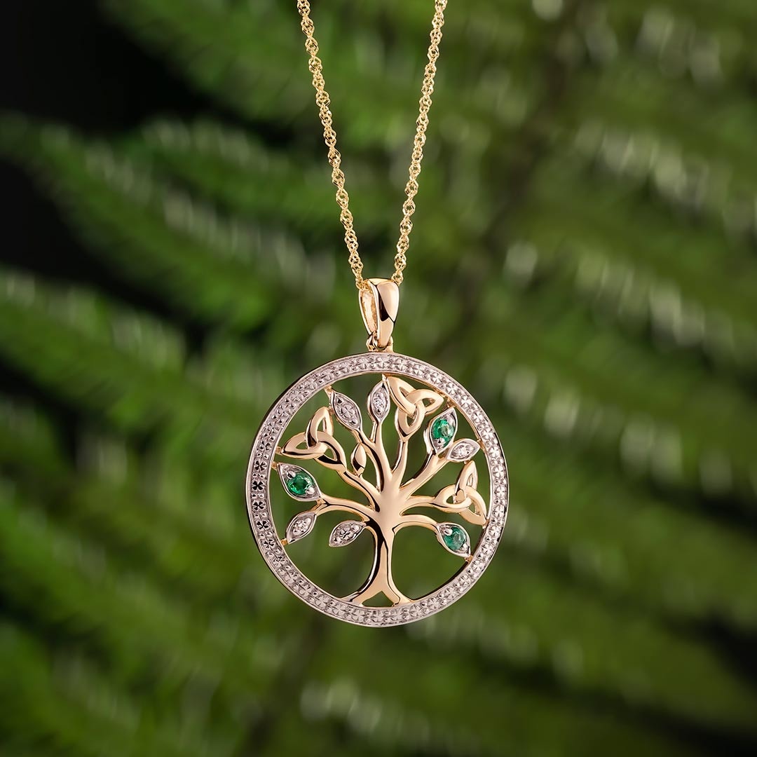 Solvar 14k Gold, Diamond, and Three Emerald Tree of Life Necklace