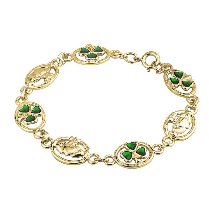 Solvar Gold Plated Claddagh and Shamrock Link Bracelet