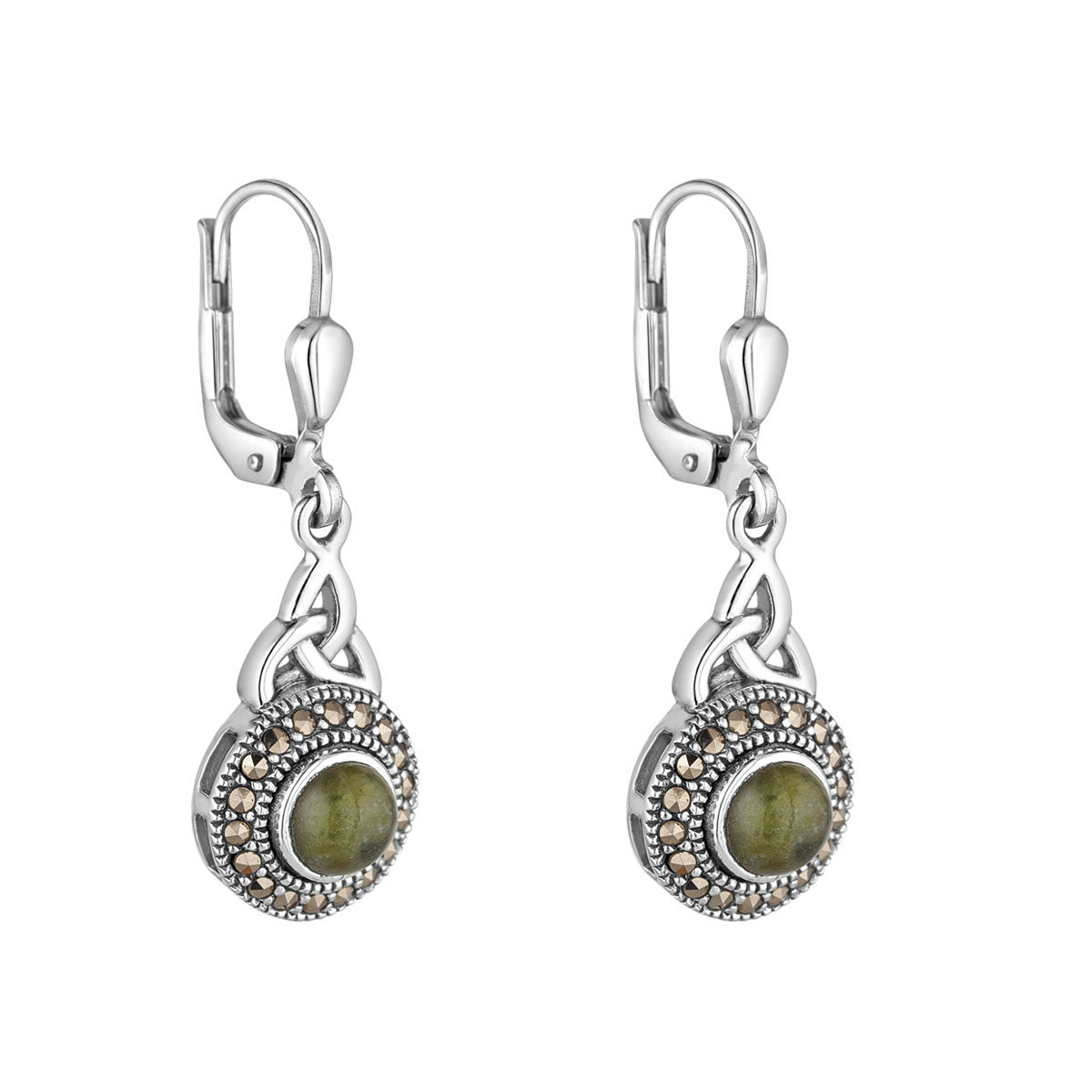 Solvar Sterling Silver Trinity Knot Earrings with Marcasite & Connemara Marble