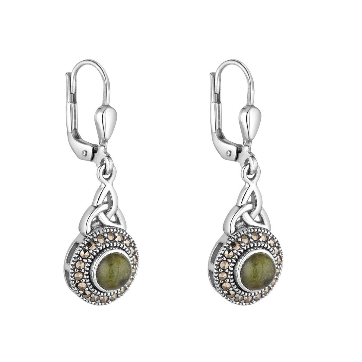 Solvar Trinity Knot Earrings with Marcasite & Connemara Marble