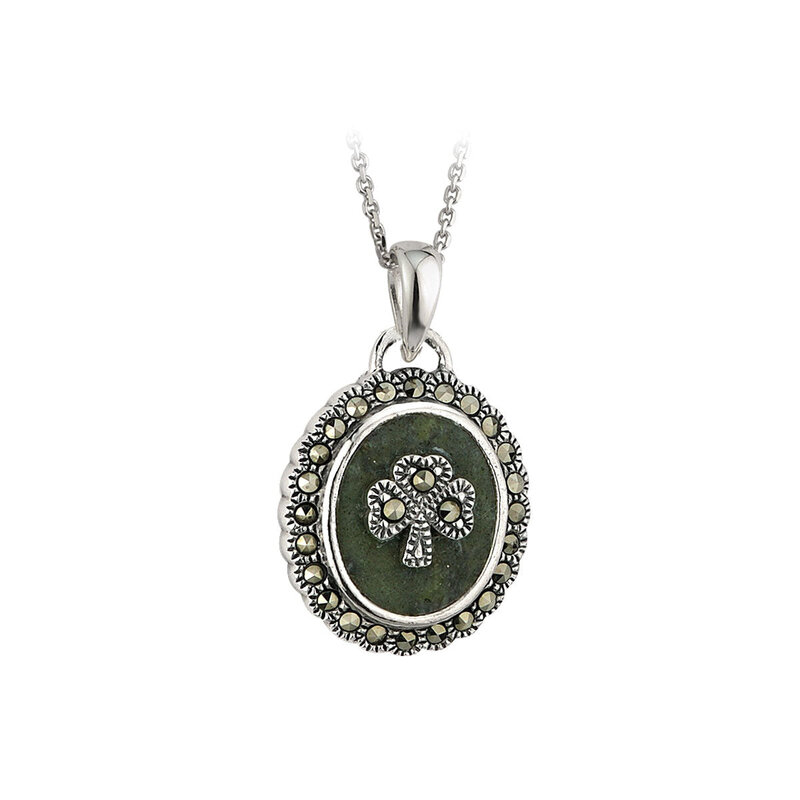 Solvar Sterling Silver Marcasite Shamrock Oval Connemara Marble Necklace