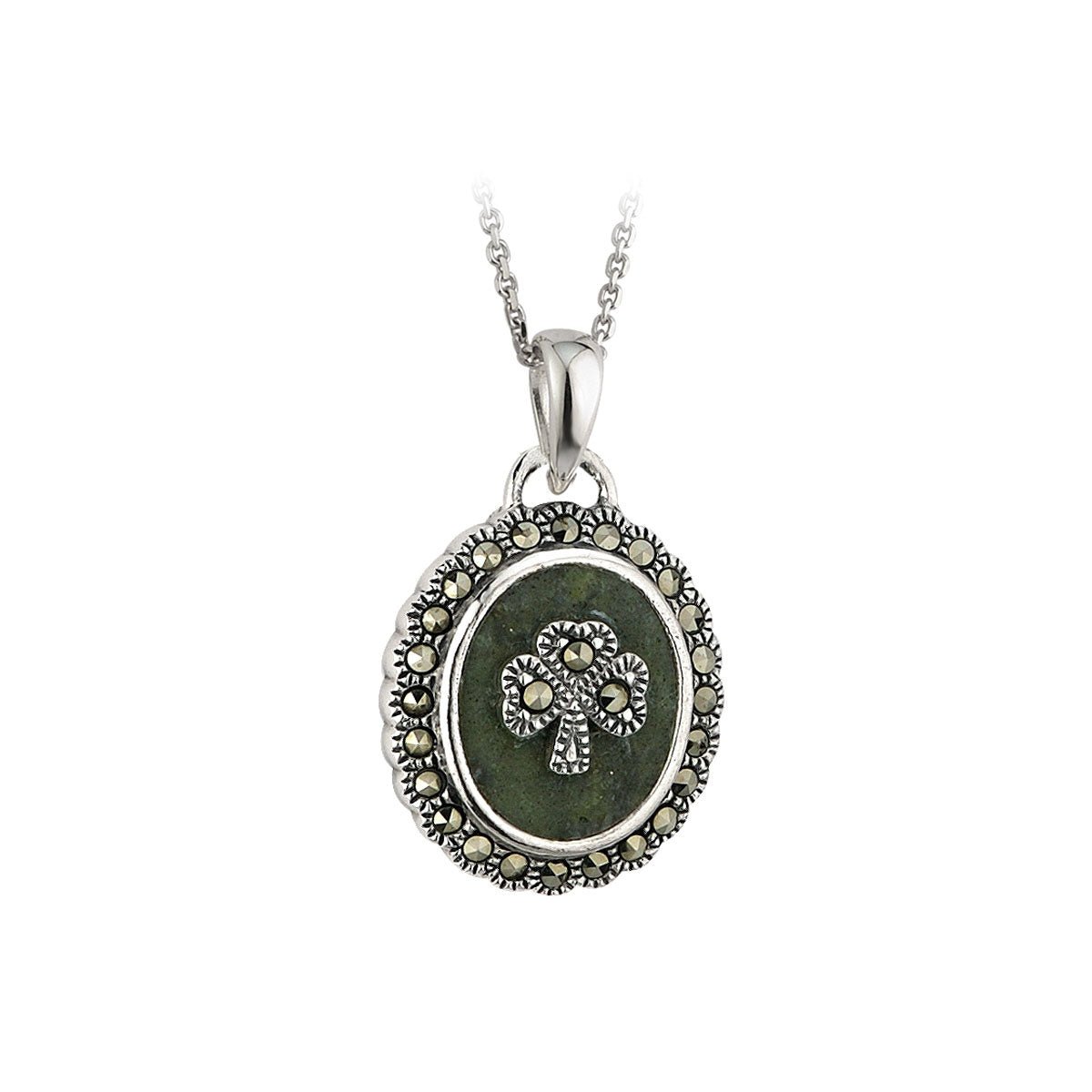 Solvar Sterling Silver Marcasite Shamrock Oval Connemara Marble Necklace
