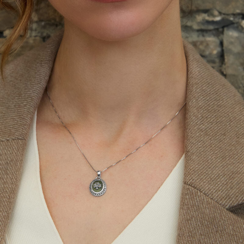 Solvar Sterling Silver Marcasite Shamrock Oval Connemara Marble Necklace