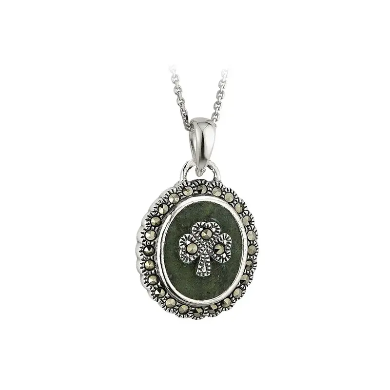Solvar Sterling Silver Marcasite Shamrock Oval Connemara Marble Necklace