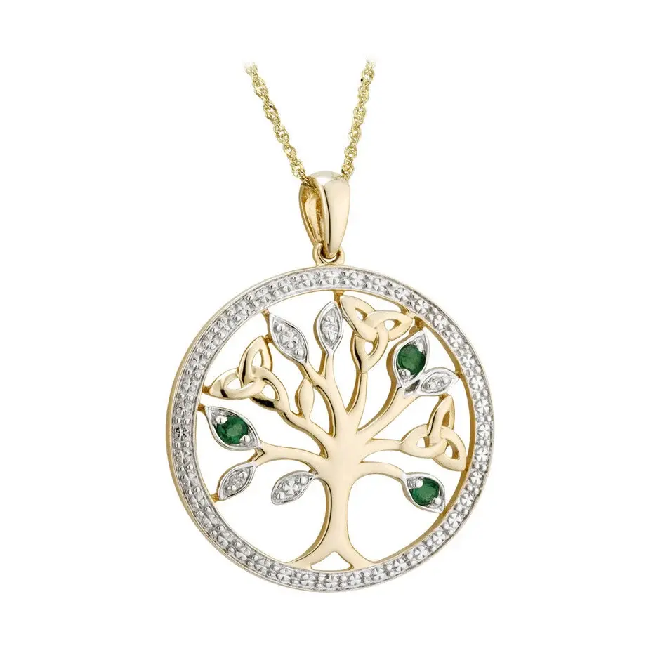 Solvar 14k Gold, Diamond, and Three Emerald Tree of Life Necklace