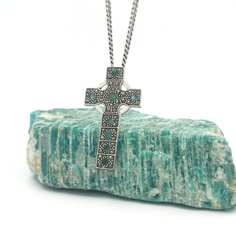Anu Sterling Silver Marcasite and Emerald Celtic Cross