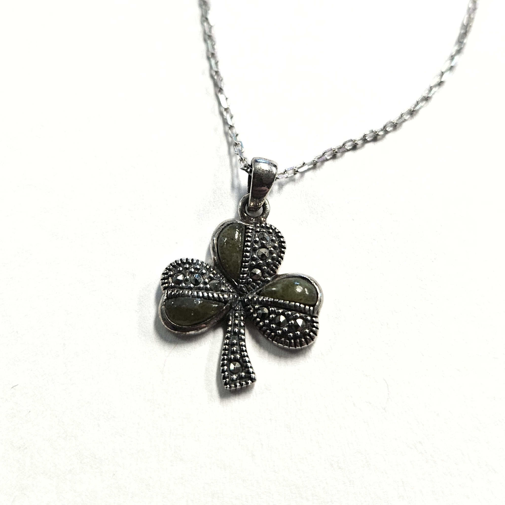 Solvar Sterling Silver Shamrock Necklace w/ Connemara Marble & Marcasite