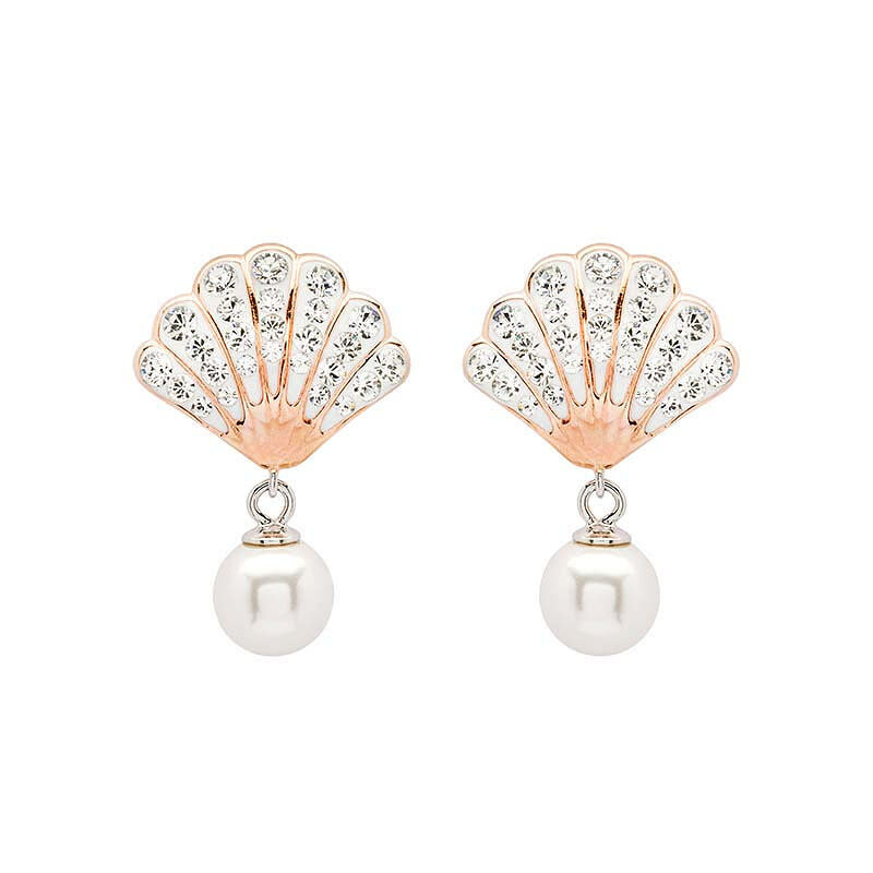 Shanore Rose Gold Pearl and Crystal Seashell Earrings