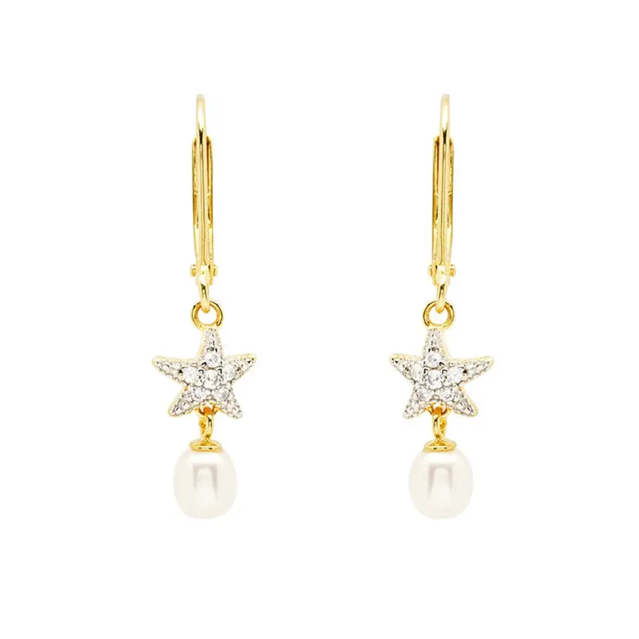Shanore Gold Vermeil, Pearl, and White Crystal Starfish Drop Earrings