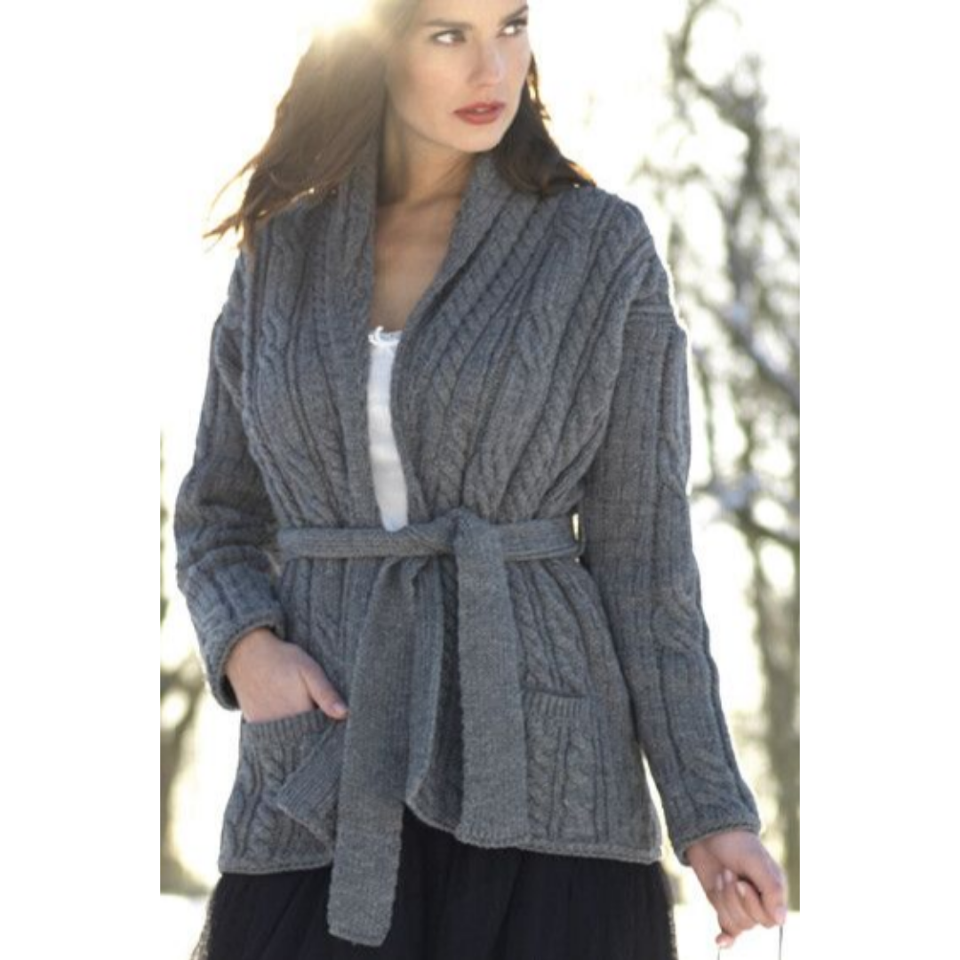 Aran Woollen Mills Belted Aran Cardigan - Charcoal
