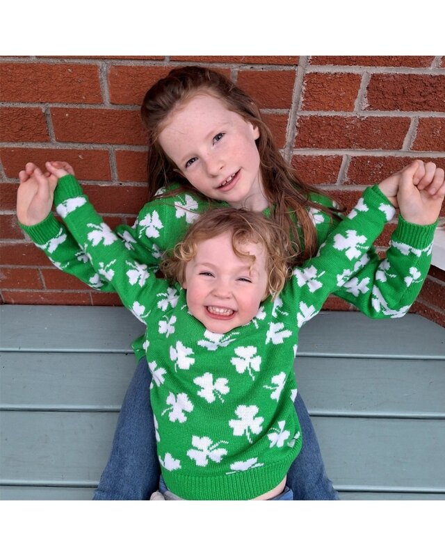 Traditional Craftwear Shamrock All Over Knit Kids Jumper in Green & Cream
