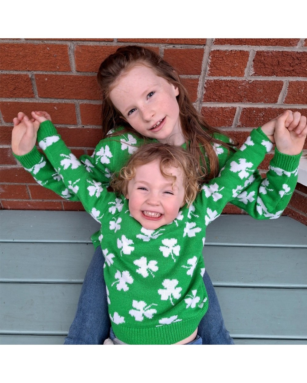 Traditional Craftwear Shamrock All Over Knit Kids Jumper in Green & Cream