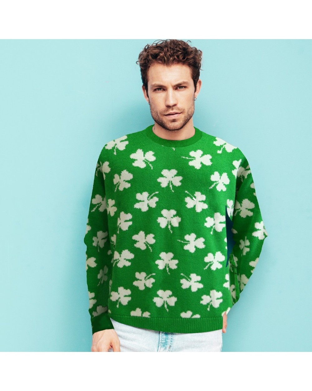 Traditional Craftwear Shamrock Print Knit Adults Jumper in Green & Cream