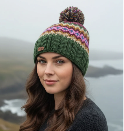 Erin Knitwear Fairisle Bobble Hat: Green & Purple