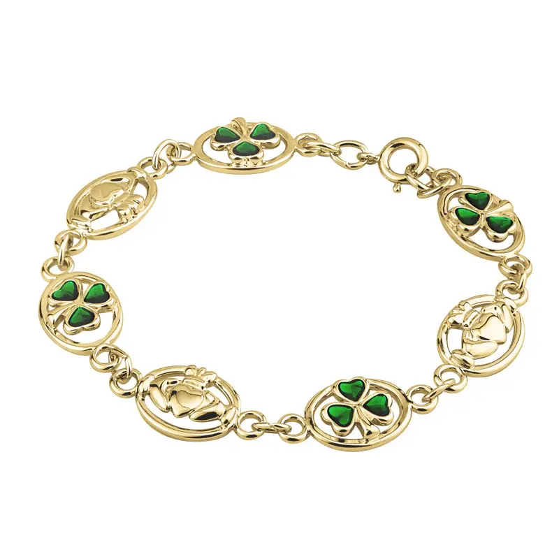 Solvar Gold Plated Claddagh and Shamrock Link Bracelet