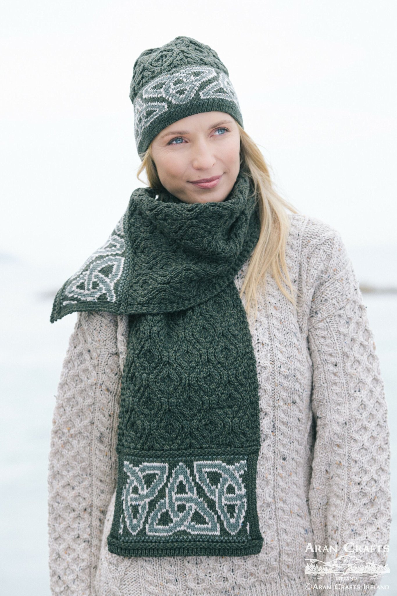 West End Knitwear Celtic Jacquard Scarf- Green