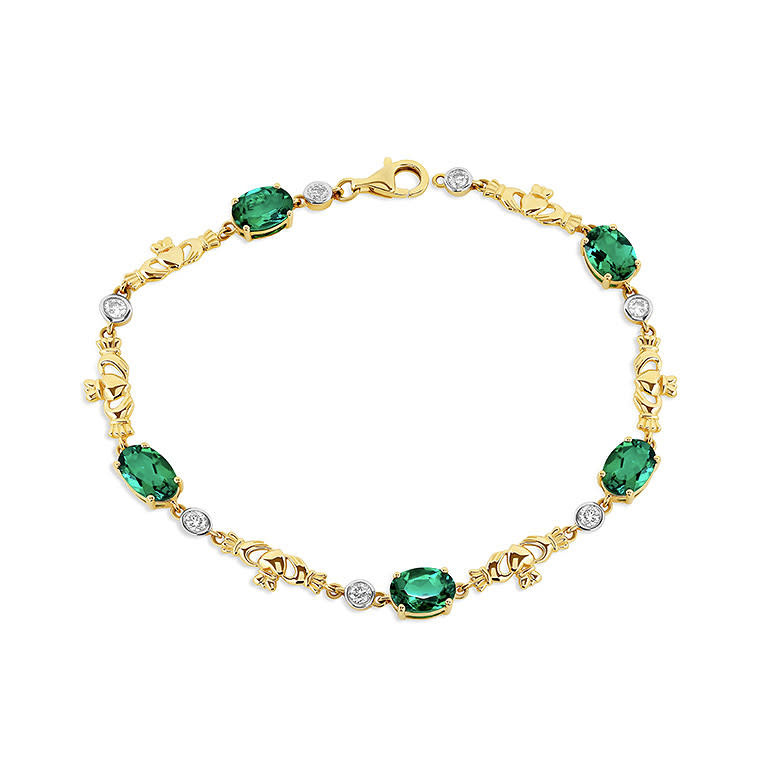 Shanore 14kt Gold Lab Diamond and Emerald Claddagh Bracelet