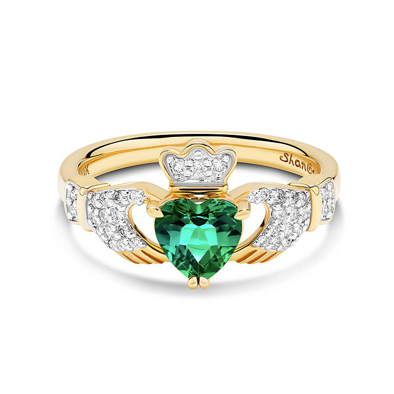 Shanore 14kt Gold Claddagh Ring with Emerald Heart and Diamonds