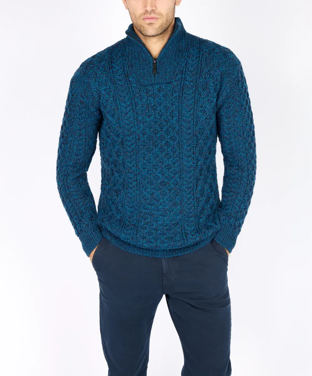 IrelandsEye Knitwear Wool 1/4 Zip Petrol Marl Sweater:
