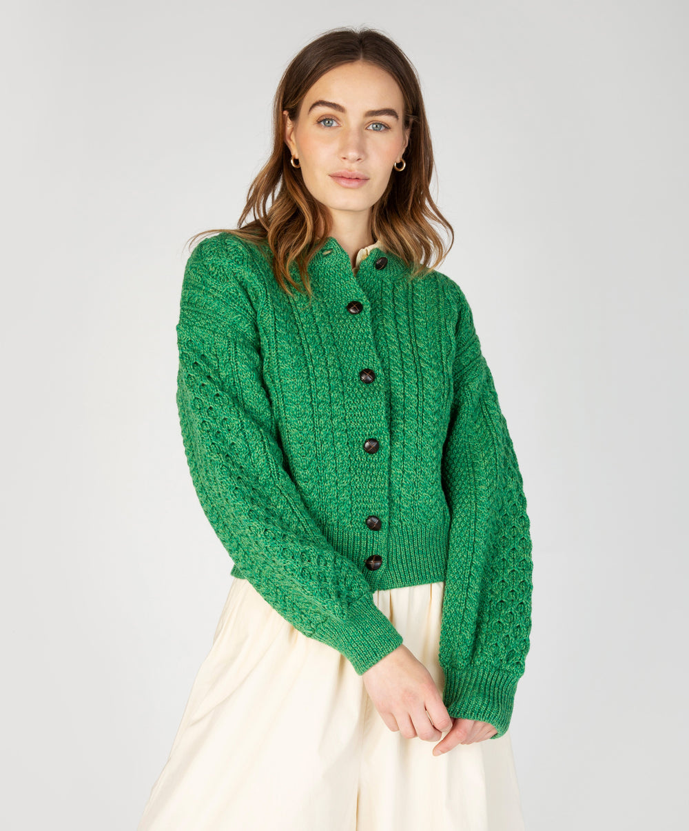 IrelandsEye Knitwear Aran Wool Cropped Cardigan in Clover