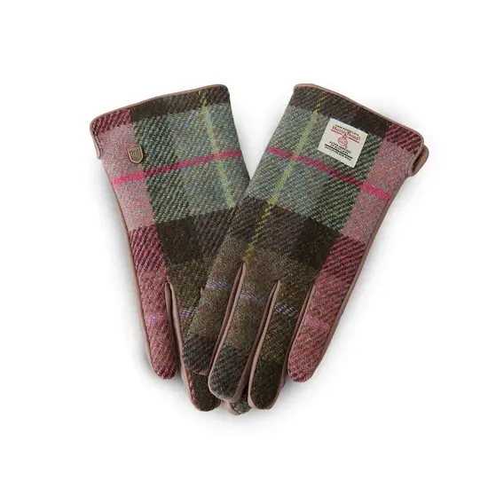 Islander Womens Tweed & Leather Gloves: Pink & Green Tartan