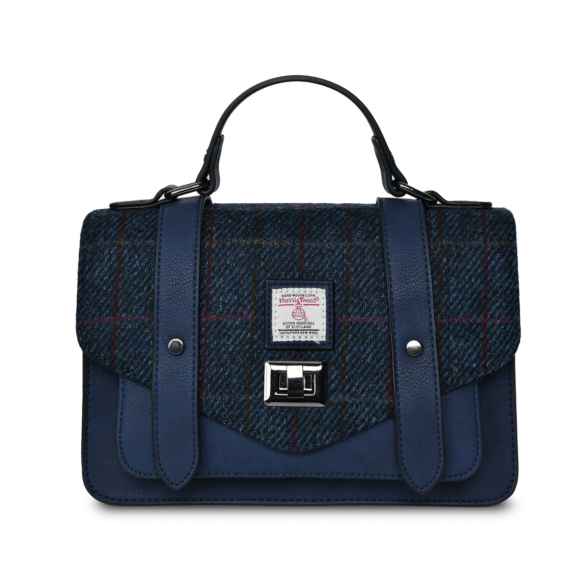 Islander Large Tweed & Leather Satchel - Navy Check