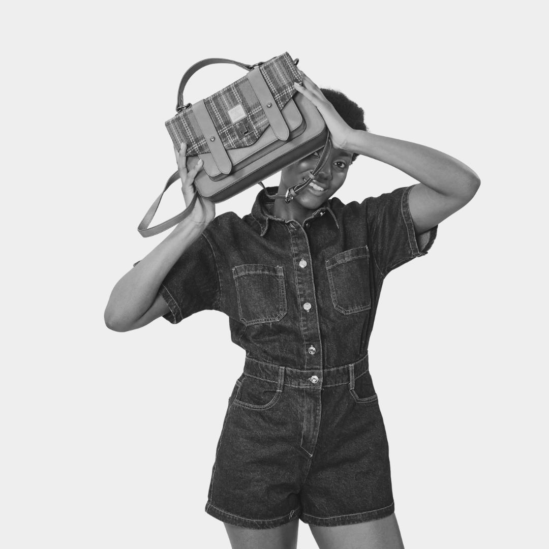 Islander Large Tweed & Leather Satchel - Navy Check