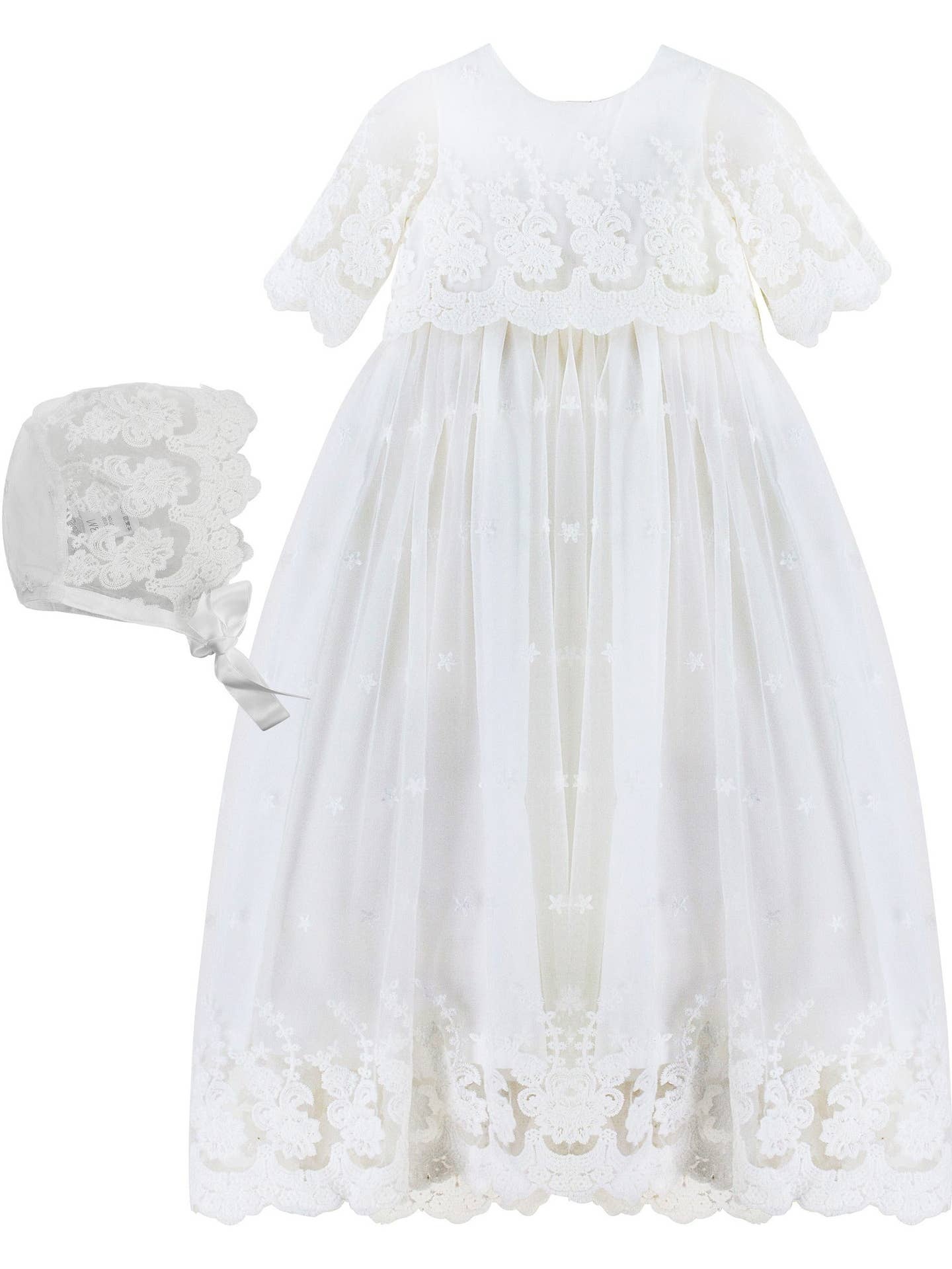 Baby Girl Star Lace Christening Gown and Bonnet