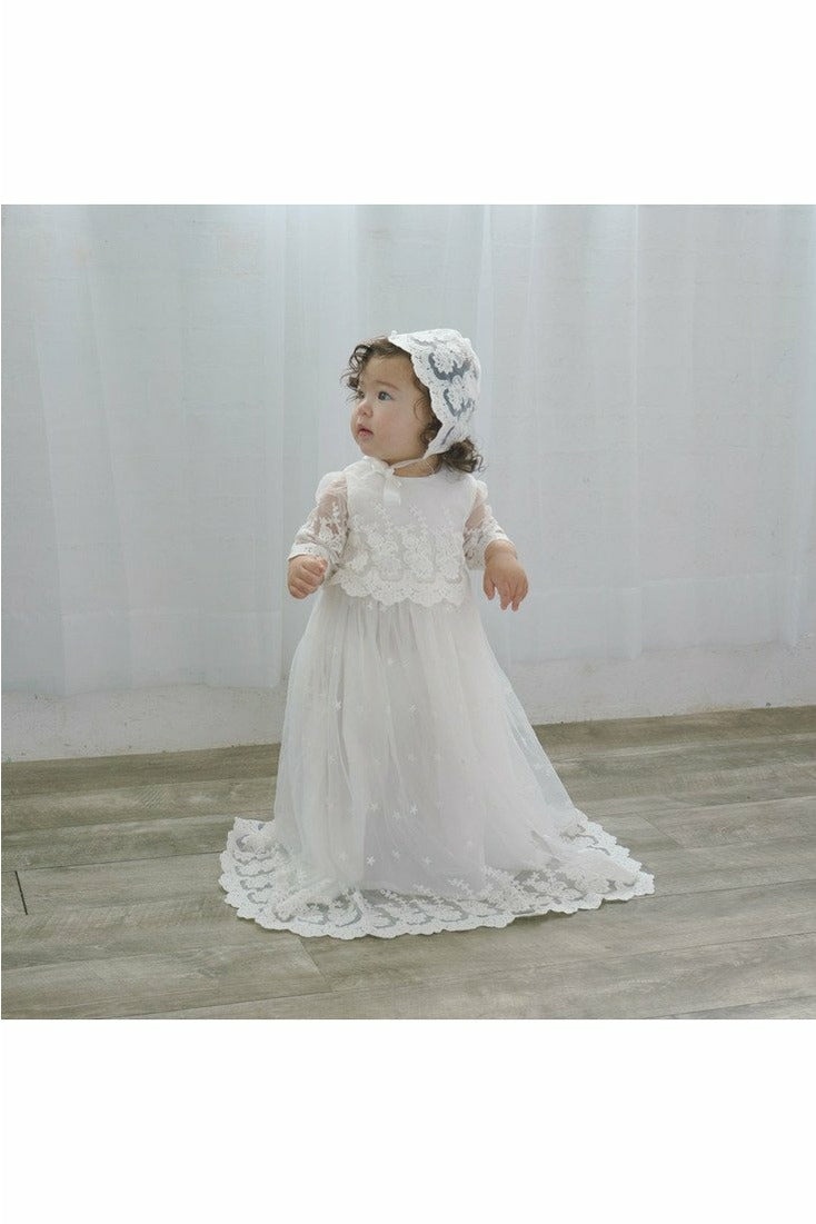 Baby Girl Star Lace Christening Gown and Bonnet