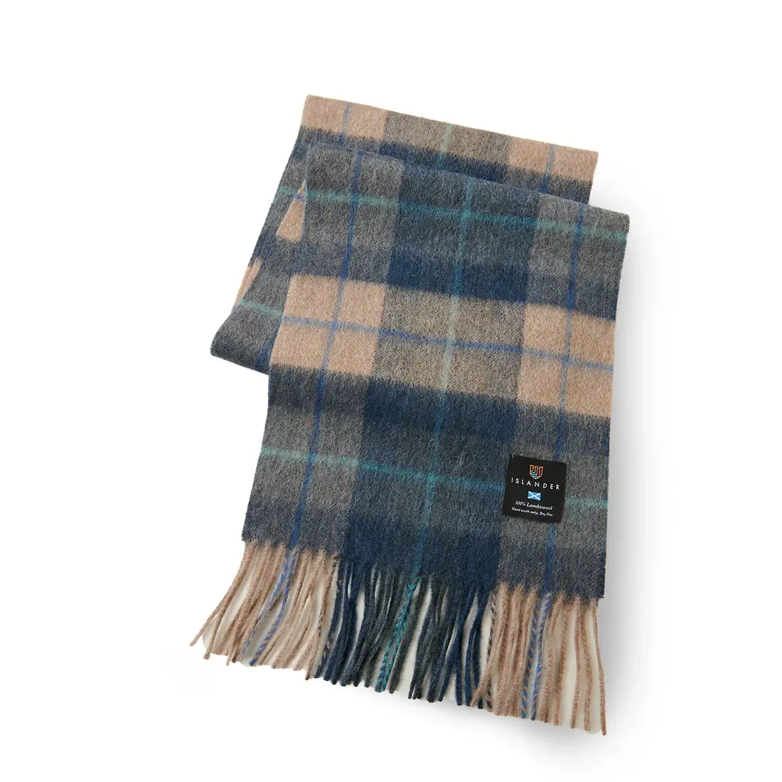Islander Lambswool Scarf: Navy Beige Tartan Narrow