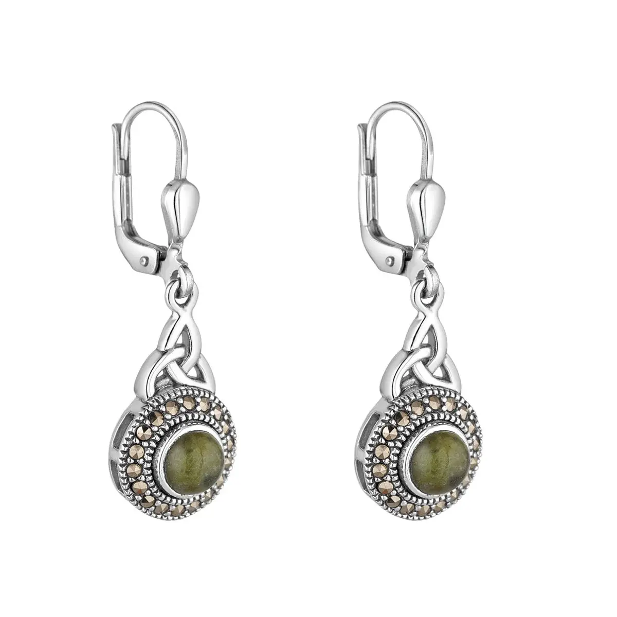 Solvar Trinity Knot Earrings with Marcasite & Connemara Marble