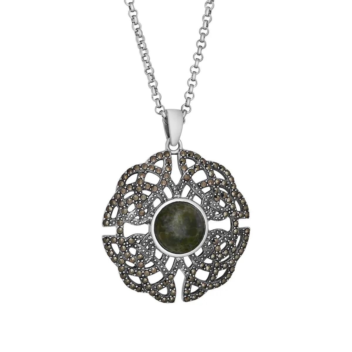 Solvar Sterling Silver Connemara Marble and Marcasite Knotwork Necklace