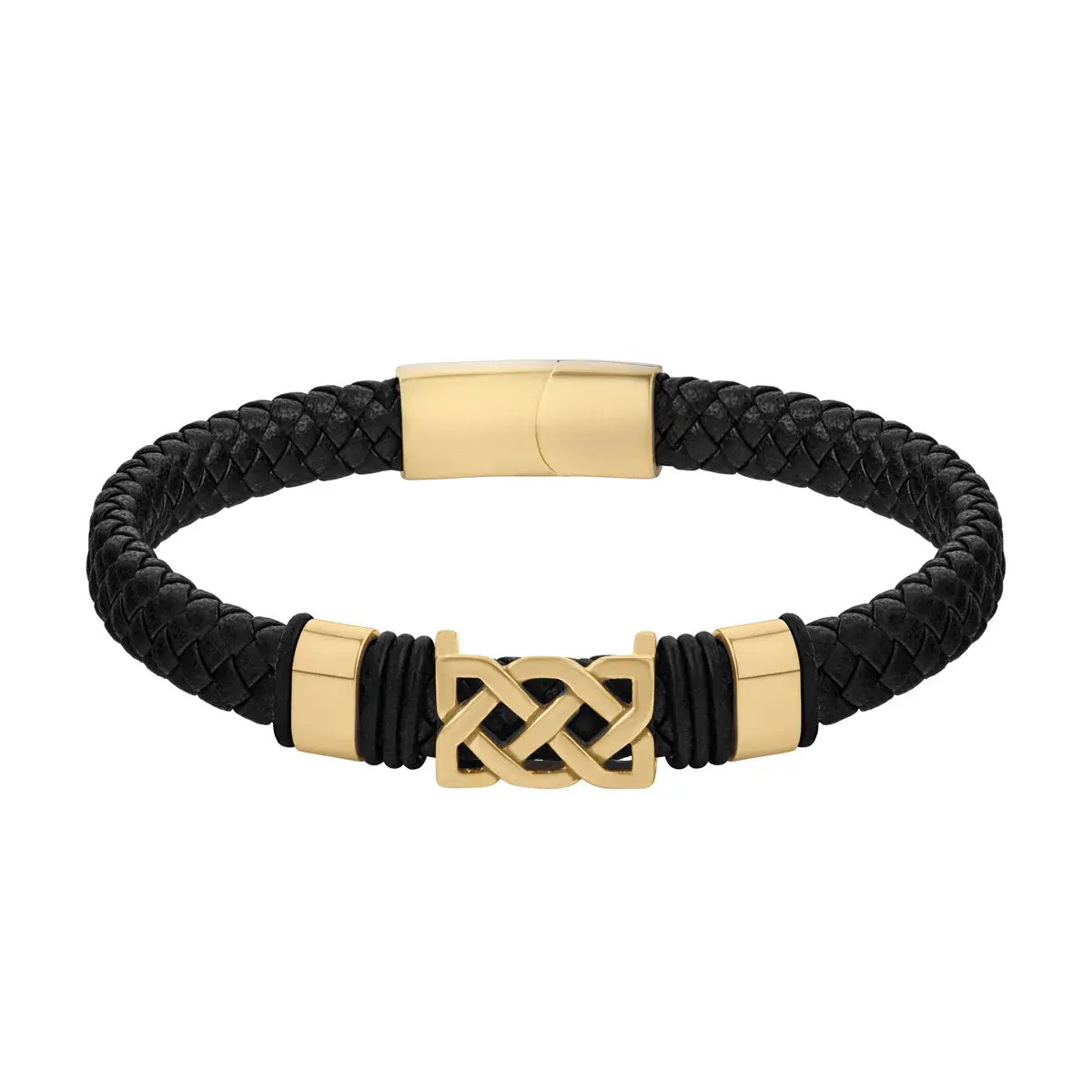 Solvar Gold Plated Black Leather Celtic Knot Bracelet