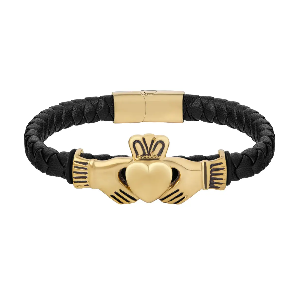 Solvar Gold Plated Black Leather Claddagh Bracelet