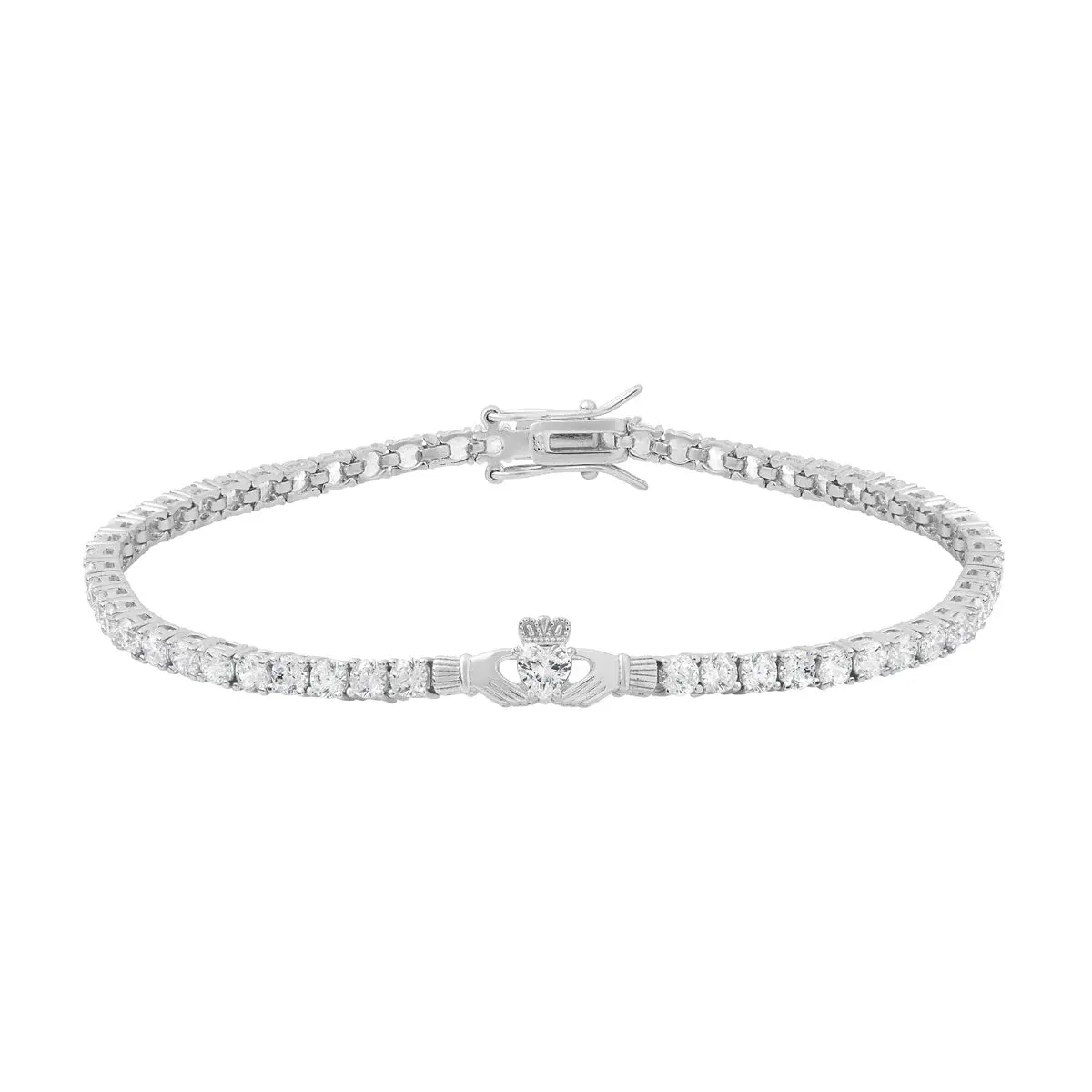 Solvar Silver White CZ Claddagh Tennis Bracelet