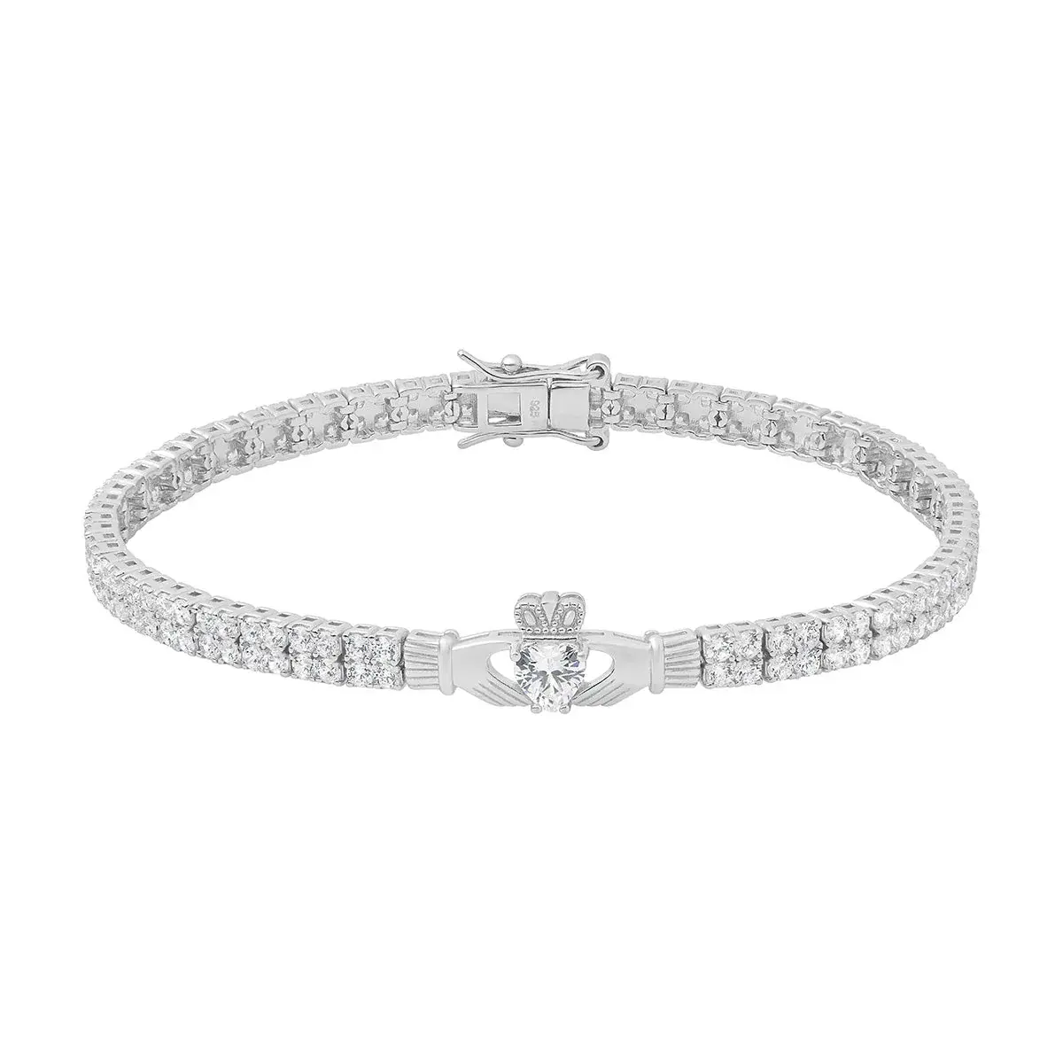 Solvar Silver White CZ Set Claddagh Tennis Bracelet