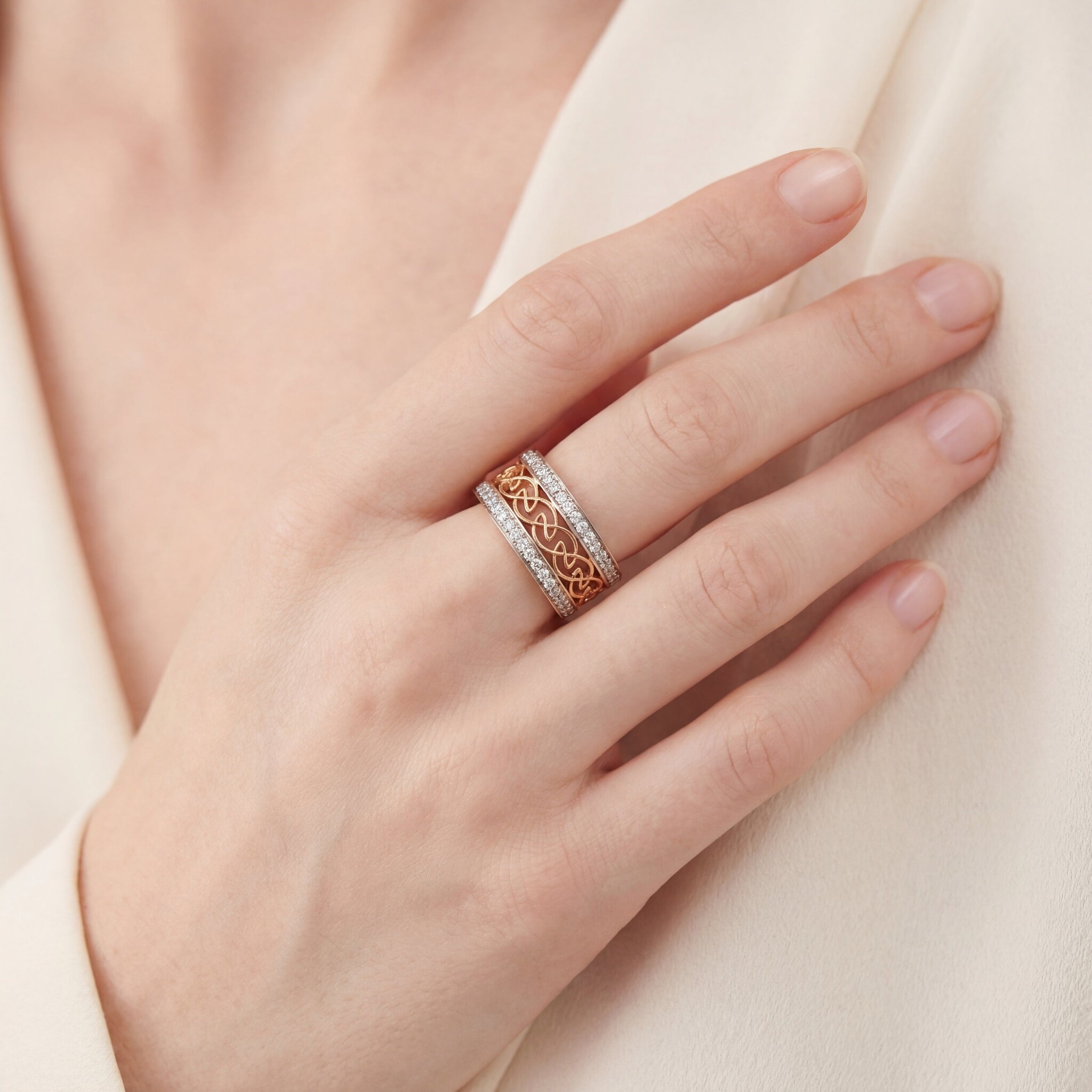 Facet 14k Gold Openwork Celtic Design with Round-Cut Natural Diamonds