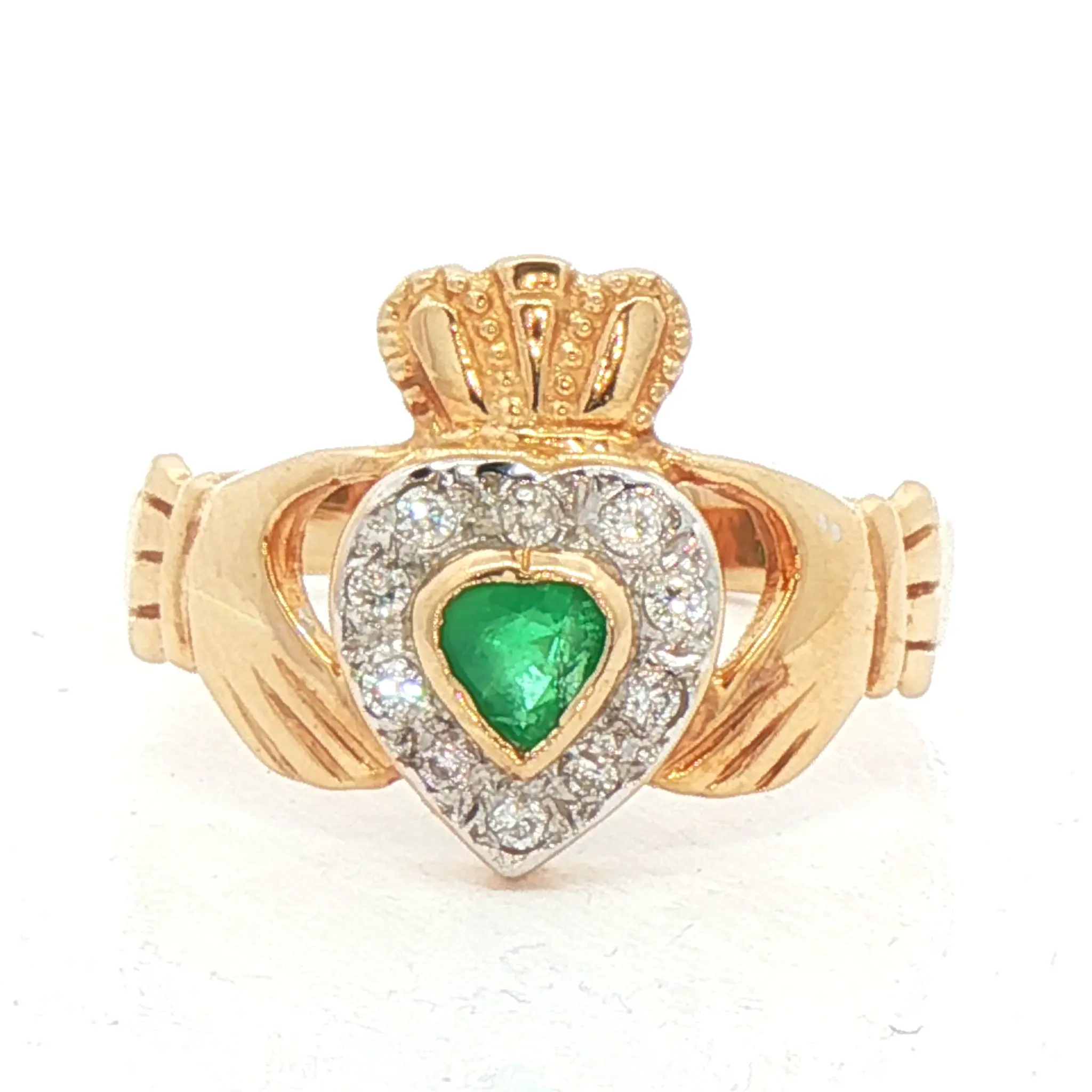 Facet 14k Gold Claddagh Ring Diamond Cluster Surround + Emerald Heart