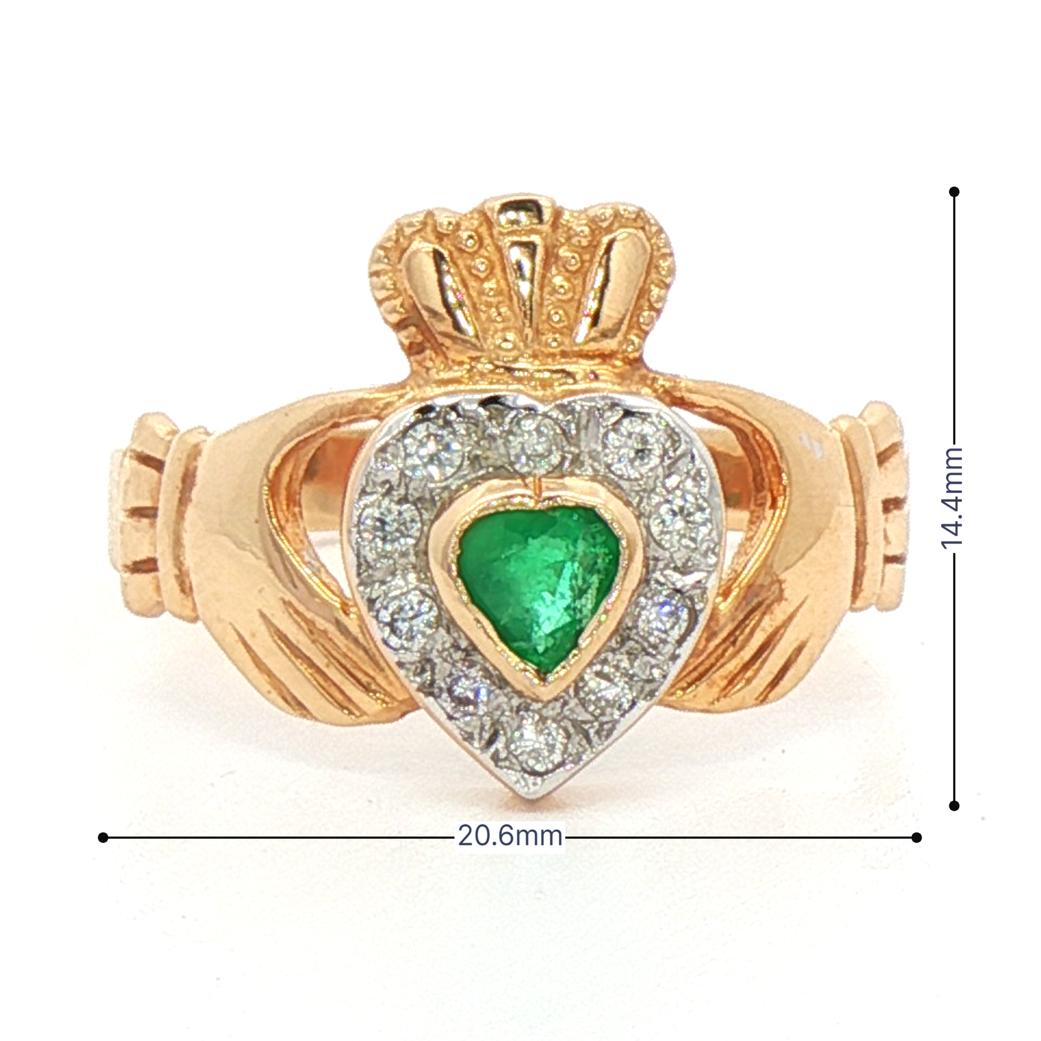 Facet 14k Heart Shaped Emerald Claddagh with Round Cut Natural Diamond Halo Ring