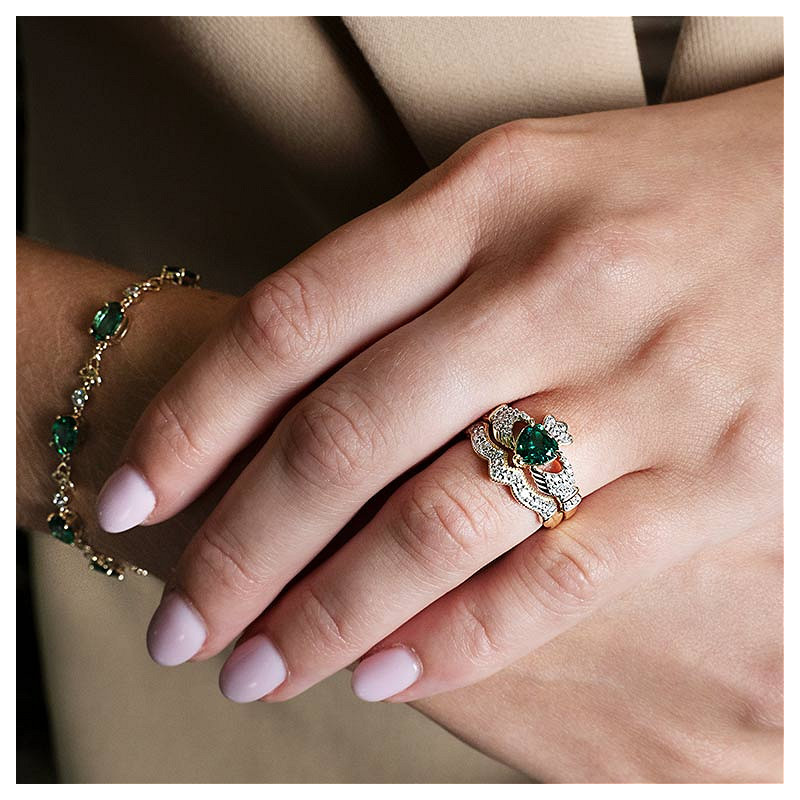 Shanore 14kt Gold Claddagh Ring with Emerald Heart and Diamonds