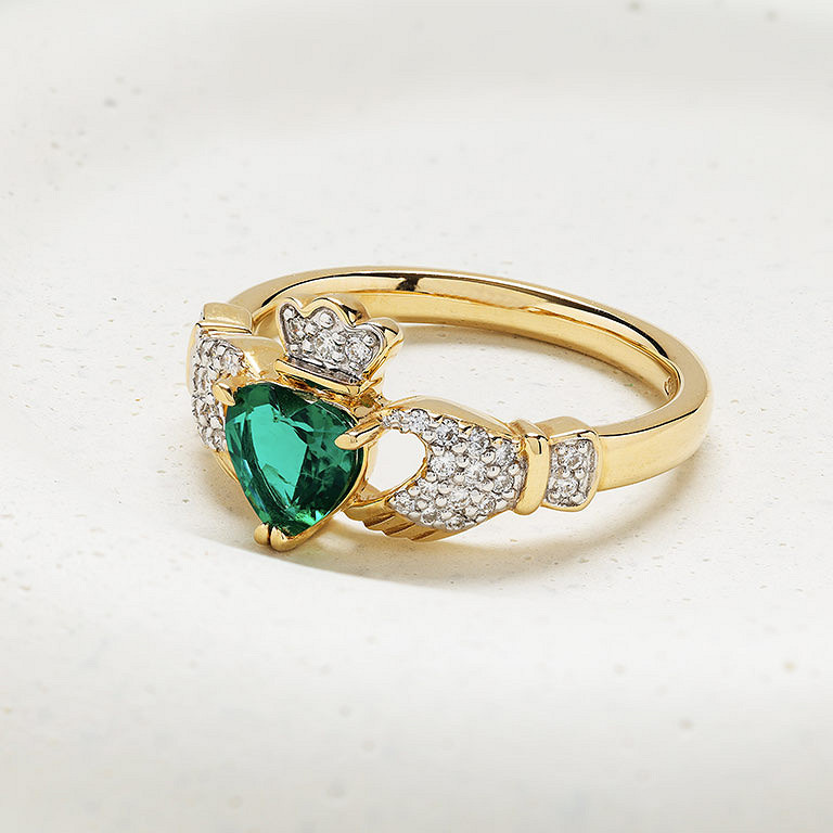 Shanore 14kt Gold Claddagh Ring with Emerald Heart and Diamonds