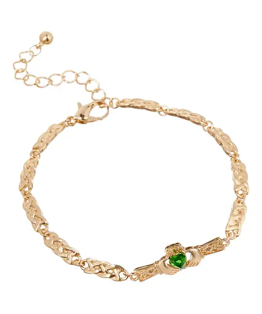Timeless Irish Treasure Gold Plated Claddagh Green Crystal Anklet