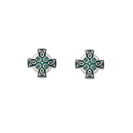 Timeless Irish Treasure Celtic Cross Enamel Stud Earrings - Green