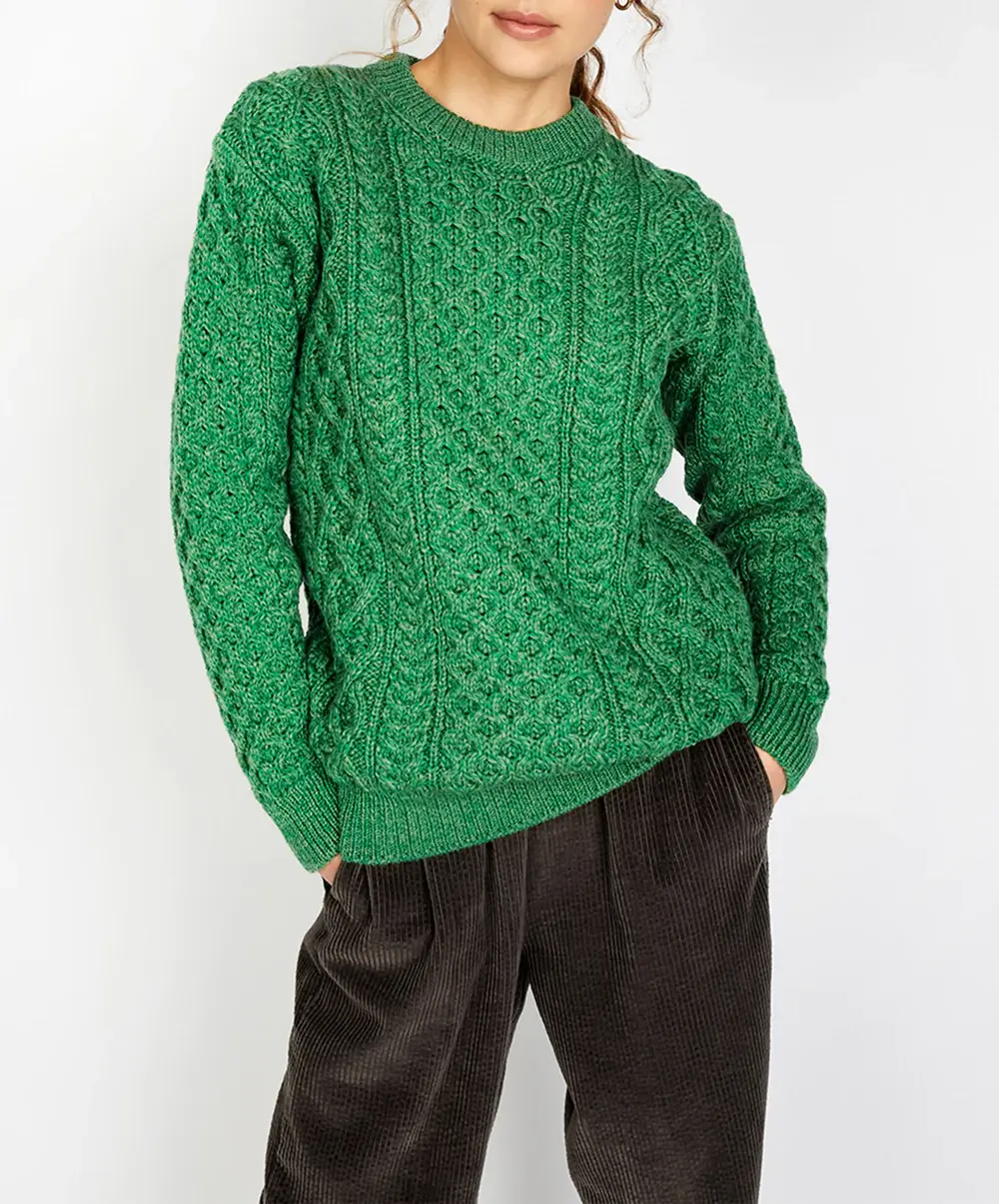 IrelandsEye Knitwear Green Wool Sweater - Honeycomb Stitch