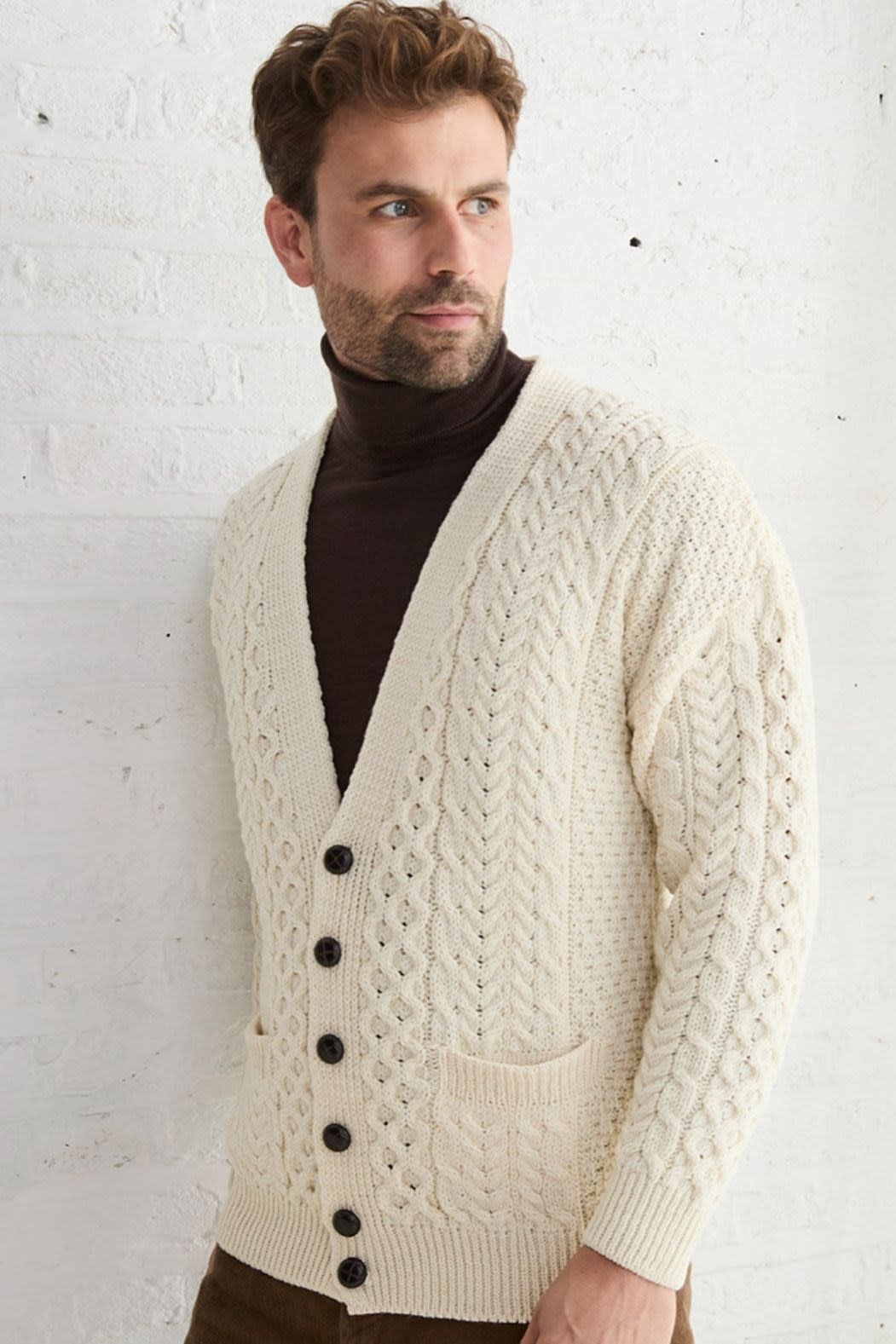 Aran Woollen Mills Merino V-Neck Cardigan: White