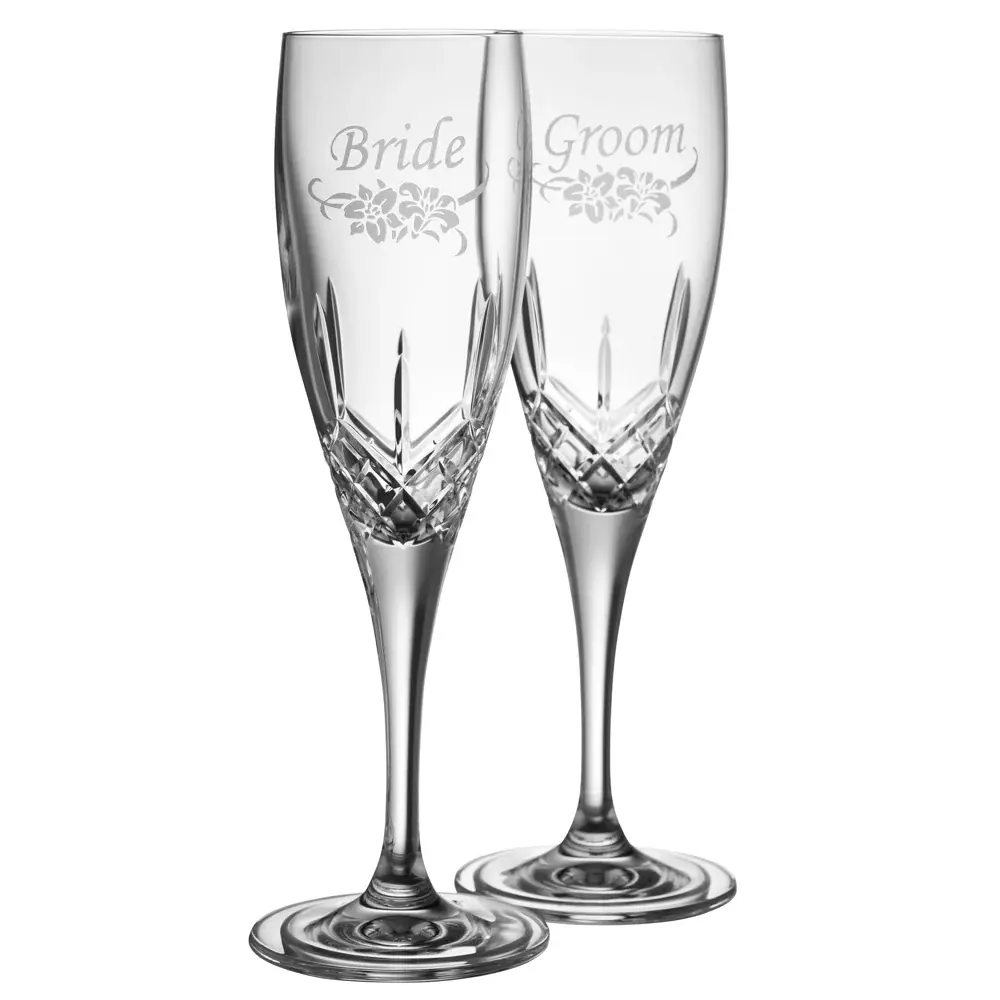 Galway Crystal Floral Bride & Groom Liberty Flute Pair