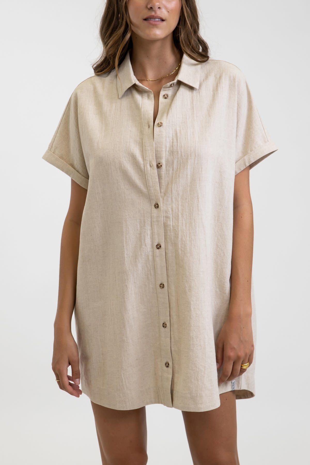 Classic Beige Linen Short Sleeve Shirt Dress