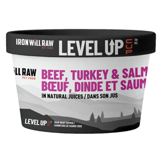 Iron Will Raw Pet Foods Iron Will - Level Up Topper Cup -Beef, Turkey & Salmon in Natural Juice 4oz