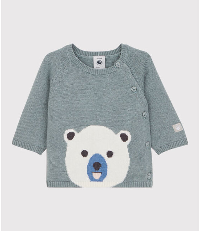 Petit Bateau BABIES' BEAR WOOL/COTTON KNIT CARDIGAN