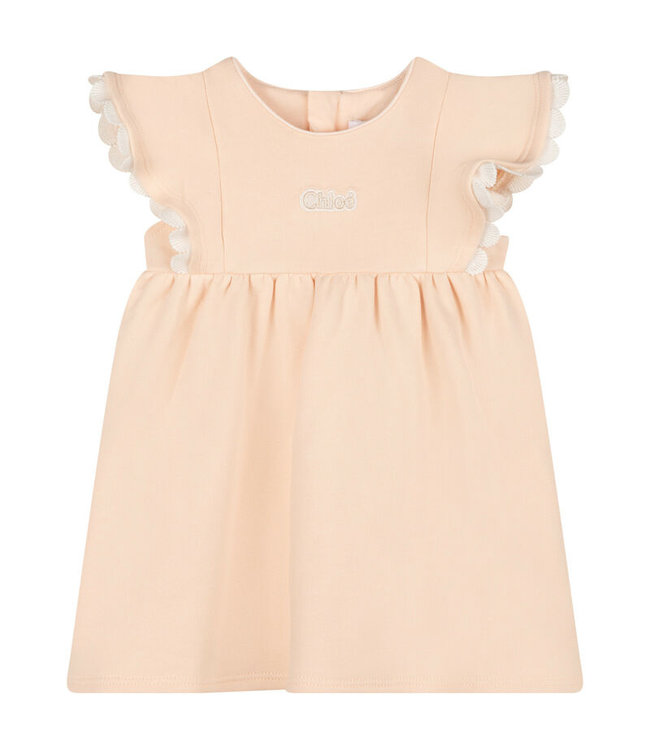 Chloe Chloe - Short-sleeved dress in organic cotton fleece with scalloped guipure trim